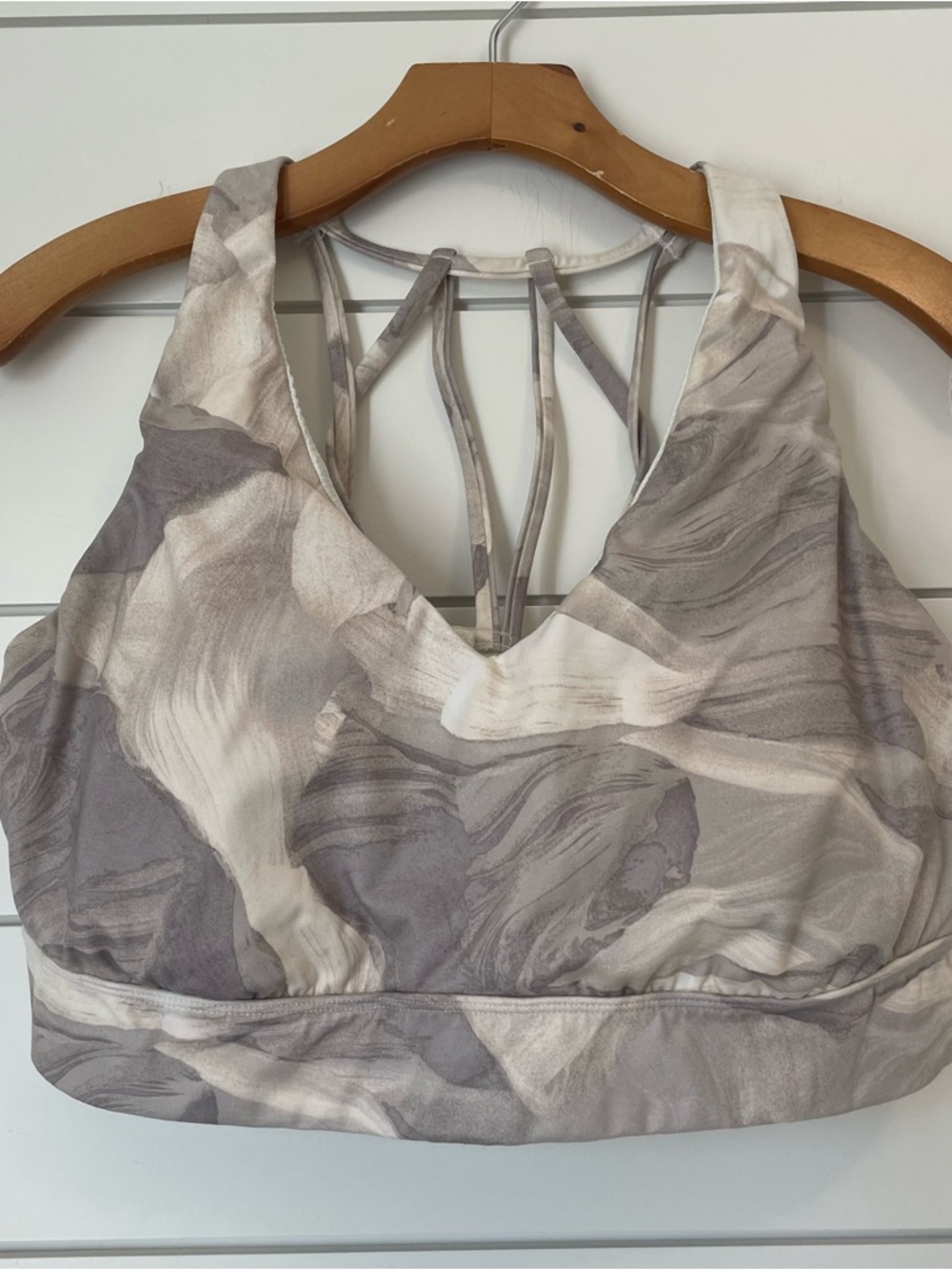all in motion Marble-Print Strappy Back Sports Bra - Gray & Cream